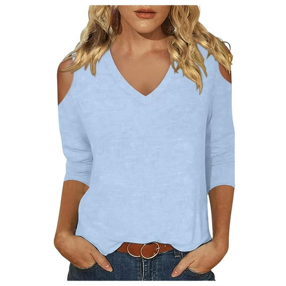 MIXUE Womens Summer Tops Solid Color V Neck Off Shoulder Short Sleeve Fashion Casual Shirts For Women Tee Shirts Activewear,Blue,S