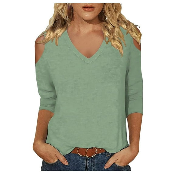 MIXUE Womens Summer Tops Solid Color V Neck Off Shoulder Short Sleeve Fashion Casual Shirts For Women Tee Shirts Activewear,Brown,XL