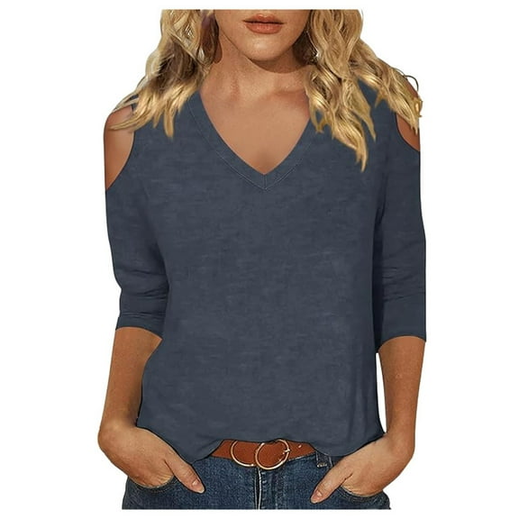 MIXUE Womens Summer Tops Solid Color V Neck Off Shoulder Short Sleeve Fashion Casual Shirts For Women Tshirts Holiday Wear,Gray,L