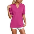 thumbnail image 1 of MIXUE Womens Summer Tops Solid Color V Neck Short Puff Sleeve Elegant Knitting Casual Tunics T-shirts Holiday Wear,Red,M, 1 of 5