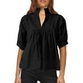 thumbnail image 1 of MIXUE Womens Summer Tops Solid Color V Neck Short Puff Sleeve Pleated Elegant T Shirts Holiday Wear,Black,XL, 1 of 5