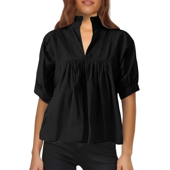 MIXUE Womens Summer Tops Solid Color V Neck Short Puff Sleeve Pleated Elegant T-shirts Daily-Wear,Black,M
