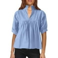 thumbnail image 1 of MIXUE Womens Summer Tops Solid Color V Neck Short Puff Sleeve Pleated Elegant T-shirts Sportwear,Blue,M, 1 of 5