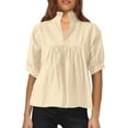 thumbnail image 1 of MIXUE Womens Summer Tops Solid Color V Neck Short Puff Sleeve Pleated Elegant Tee Shirts Streetwear,Beige,L, 1 of 5