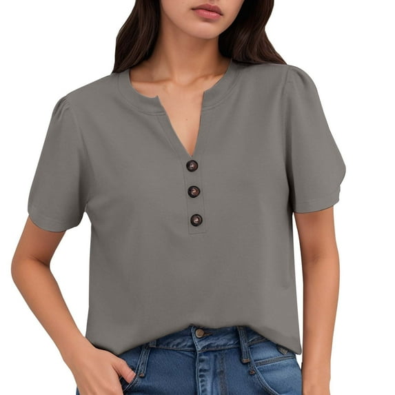 MIXUE Womens Summer Tops Solid Color V Neck Short Sleeve Casual Stylish Lightweight T Shirts Sportwear,Brown,M