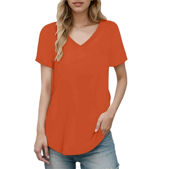 MIXUE Womens Summer Tops Solid Color V Neck Short Sleeve Casual Stylish T Shirts Holiday Wear,Orange,L