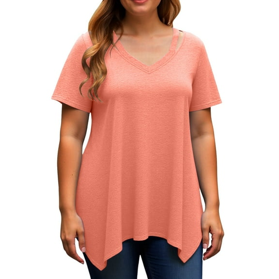 MIXUE Womens Summer Tops Solid Color V Neck Short Sleeve Dressy Casual Plus Size Tunic Tee Shirts Streetwear,Orange,XL