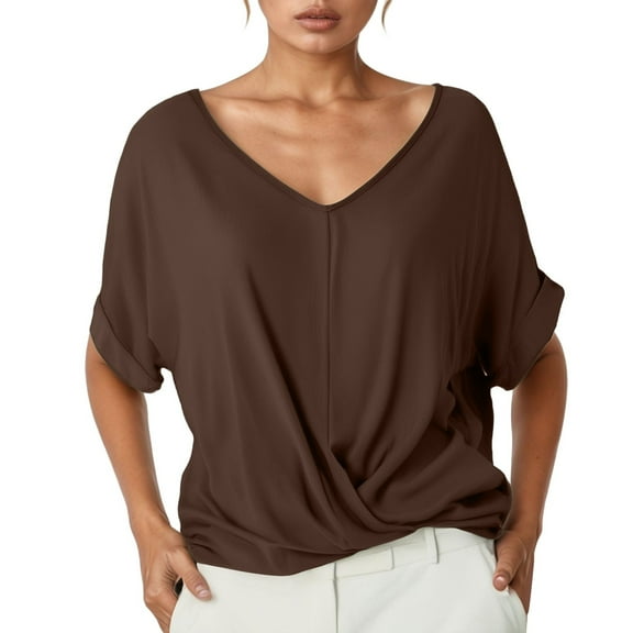 MIXUE Womens Summer Tops Solid Color V Neck Short Sleeve Elegant Loose Casual Shirts For Women T-shirts Sportwear,Brown,M