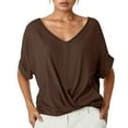 thumbnail image 1 of MIXUE Womens Summer Tops Solid Color V Neck Short Sleeve Elegant Loose Casual Shirts For Women Tshirts Outwear,Brown,S, 1 of 5