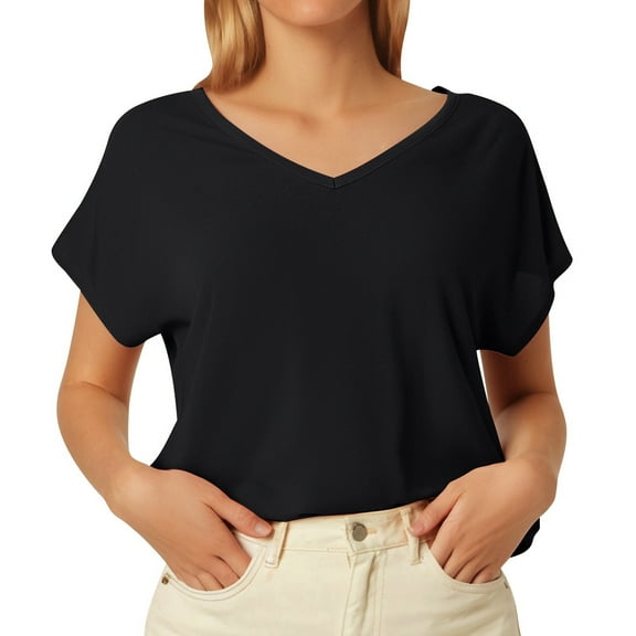 MIXUE Womens Summer Tops Solid Color V Neck Short Sleeve Fashion Casual Shirts For Women T-shirts Streetwear,Black,M