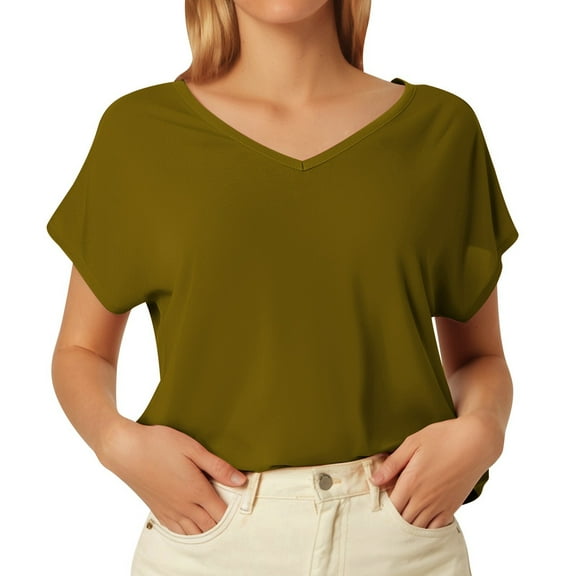 MIXUE Womens Summer Tops Solid Color V Neck Short Sleeve Fashion Casual Shirts For Women Tshirts Outwear,Brown,XL