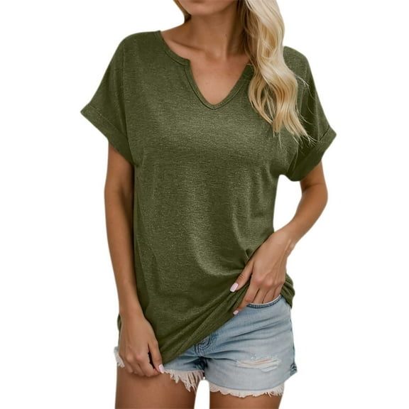 MIXUE Womens Summer Tops Solid Color V Neck Short Sleeve Fashion Loose Tee Shirts Streetwear,Green,M