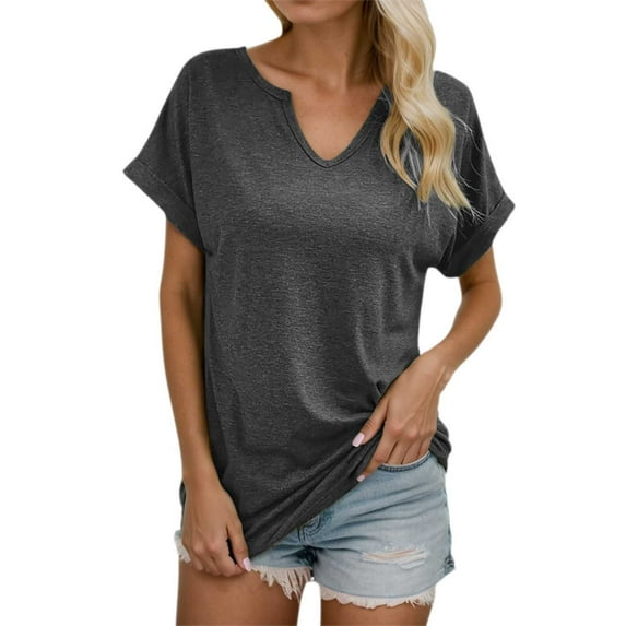 MIXUE Womens Summer Tops Solid Color V Neck Short Sleeve Fashion Loose Tshirts Activewear,Gray,S