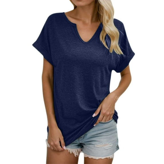 MIXUE Womens Summer Tops Solid Color V Neck Short Sleeve Fashion Loose Tshirts Streetwear,Blue,S
