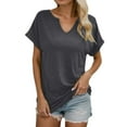 thumbnail image 1 of MIXUE Womens Summer Tops Solid Color V Neck Short Sleeve Fashion Loose Tshirts Streetwear,Gray,L, 1 of 4