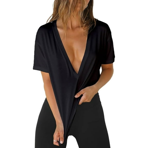 MIXUE Womens Summer Tops Solid Color V Neck Short Sleeve Fashion Sexy Shirts For Women Tee Shirts Daily-Wear,Black,XL