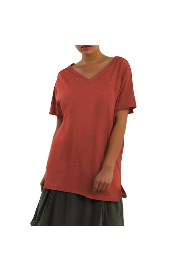 Womens Summer Tops Solid Color V Neck Short Sleeve Loose Fit Casual T Shirts Daily-Wear,Orange,XL