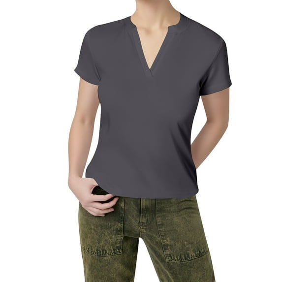 MIXUE Womens Summer Tops Solid Color V Neck Short Sleeve Loose Fit Casual Tee Shirts Activewear,Gray,L