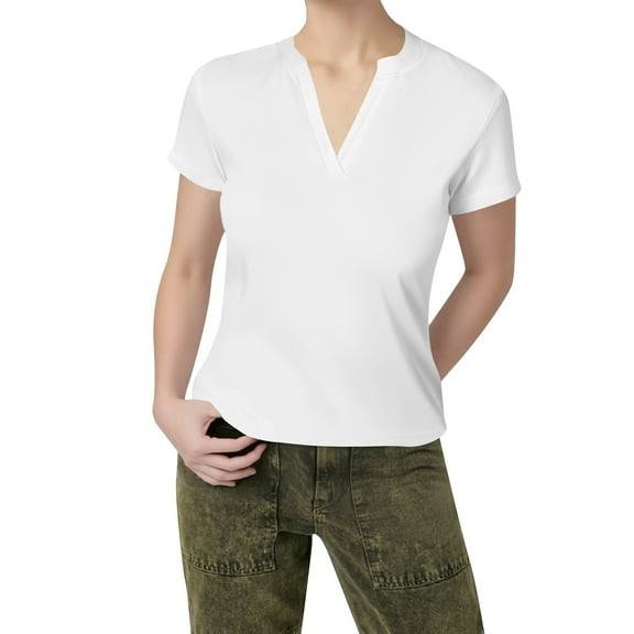 MIXUE Womens Summer Tops Solid Color V Neck Short Sleeve Loose Fit Casual Tee Shirts Outwear,White,S