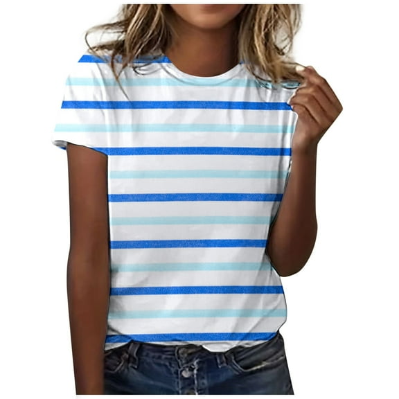 MIXUE Womens Summer Tops Striped Print Round Neck Short Sleeve Casual Shirts For Women Tshirts Holiday Wear,Blue,XXL