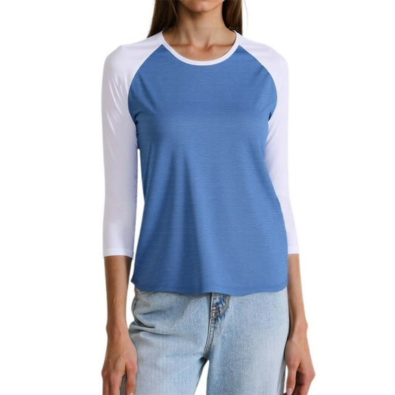 MIXUE Womens Summer Tops Summer Color Block Casual Round Neck 3/4 Sleeve Comfortable Lightweight Pullover Tee Shirts Outwear,Blue,XXL