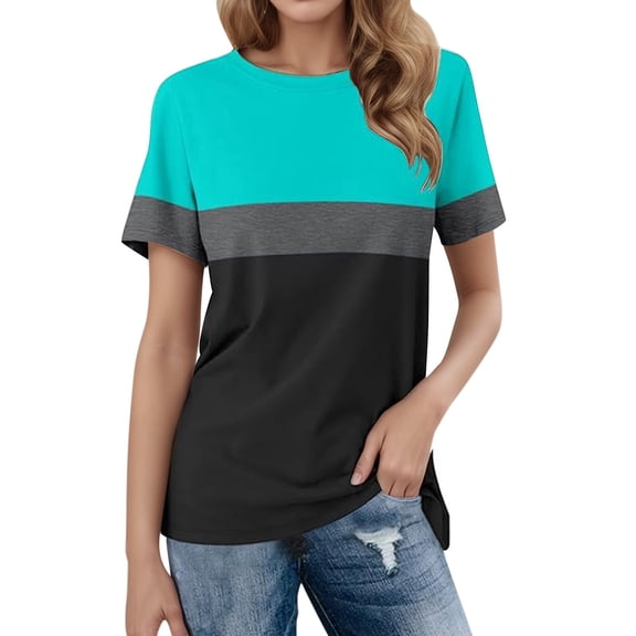 MIXUE Womens Summer Tops Summer Color Block Fashion Round Neck Short Sleeve Pullover T-shirts Sportwear,Blue,L