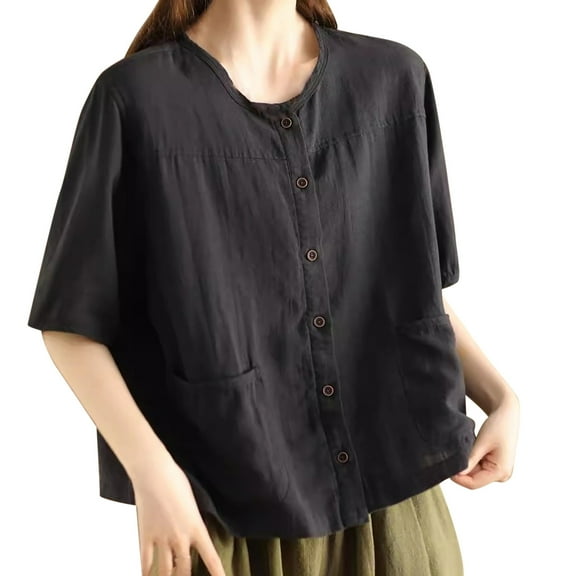 MIXUE Womens Summer Tops Summer Linen Solid Color Button Up Round Neck Short Sleeve Pocket Casual Vintage Cardigan Tee Shirts Activewear,Black,M