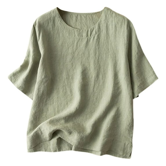 MIXUE Womens Summer Tops Summer Linen Solid Color Retro Loose Casual Round Neck Short Sleeve Pullover T Shirts Daily-Wear,Green,M