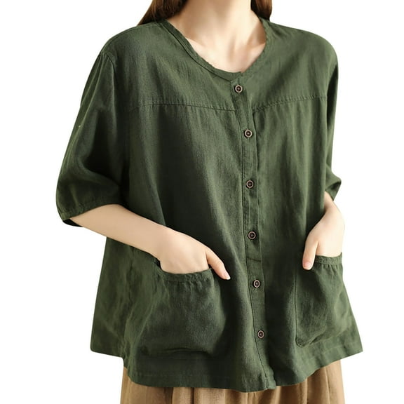 MIXUE Womens Summer Tops Summer Linen Solid Color Round Neck Button Up Short Sleeve Pocket Casual Vintage Cardigan T Shirts Daily-Wear,Green,M