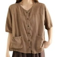 thumbnail image 1 of MIXUE Womens Summer Tops Summer Linen Solid Color Round Neck Button Up Short Sleeve Pocket Casual Vintage Cardigan T Shirts Sportwear,Brown,XXXL, 1 of 3