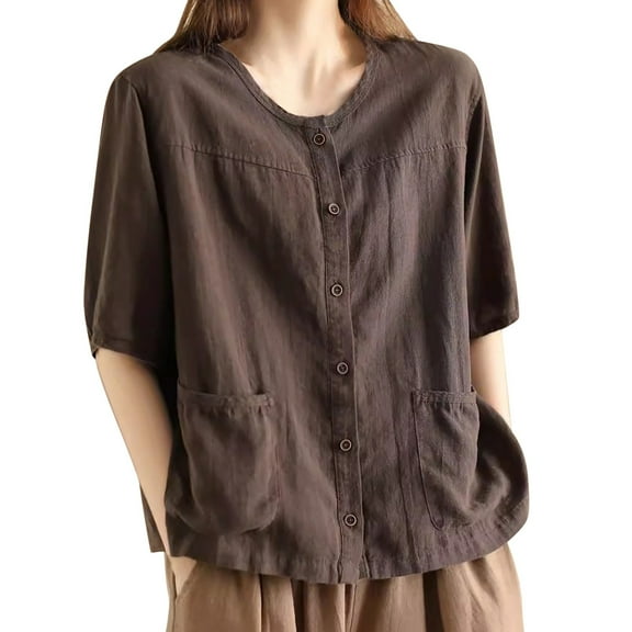 MIXUE Womens Summer Tops Summer Linen Solid Color Round Neck Button Up Short Sleeve Pocket Casual Vintage Cardigan Tshirts Streetwear,Brown,M