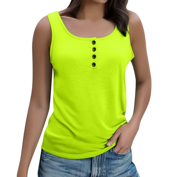 MIXUE Womens Summer Tops Summer Solid Color Button U Neck Short Sleeve Pullover Tshirts Activewear,Yellow,XXL