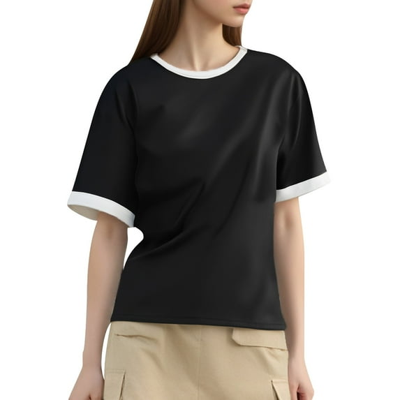 MIXUE Womens Summer Tops Summer Solid Color Casual Fashion Loose Matching Round Neck Short Sleeve Pullover Tshirts Streetwear,Black,XXL