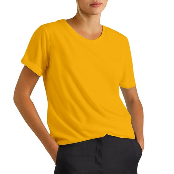 MIXUE Womens Summer Tops Summer Solid Color Casual Round Neck Short Sleeve Pullover Tee Shirts Streetwear,Yellow,M
