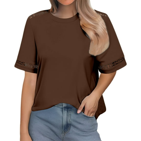 MIXUE Womens Summer Tops Summer Solid Color Crew Neck Short Sleeve Casual Pullover Tshirts Activewear,Brown,XXL