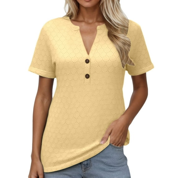 MIXUE Womens Summer Tops Summer Solid Color Fashion Casual Button V Neck Short Sleeve Pullover T-shirts Sportwear,Yellow,XXXL
