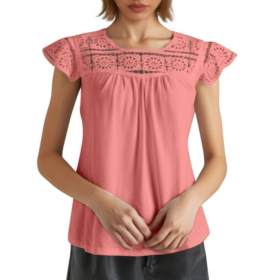 MIXUE Womens Summer Tops Summer Solid Color Fashion Round Neck Hollow Out Fly Sleeve Pullover T Shirts Sportwear,Beige,XXL