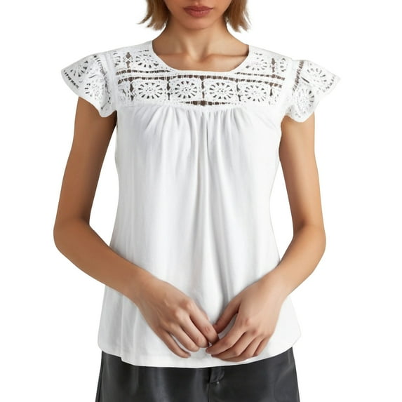MIXUE Womens Summer Tops Summer Solid Color Fashion Round Neck Hollow Out Fly Sleeve Pullover Tshirts Activewear,White,M