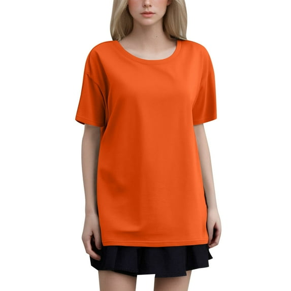 MIXUE Womens Summer Tops Summer Solid Color Fashion Round Neck Plus Size Short Sleeve Pullover T Shirts Holiday Wear,Orange,L