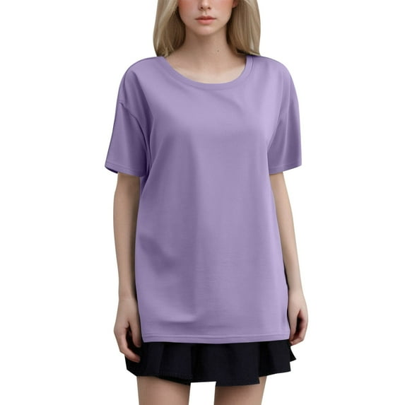 MIXUE Womens Summer Tops Summer Solid Color Fashion Round Neck Plus Size Short Sleeve Pullover Tee Shirts Outwear,Blue,M