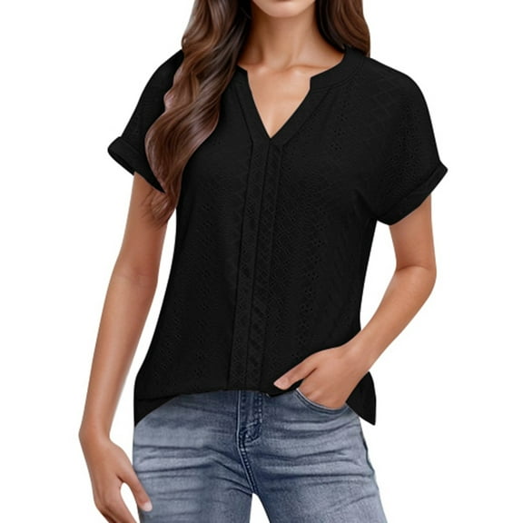 MIXUE Womens Summer Tops Summer Solid Color Fashion V Neck Short Sleeve Pullover Tee Shirts Outwear,Black,M