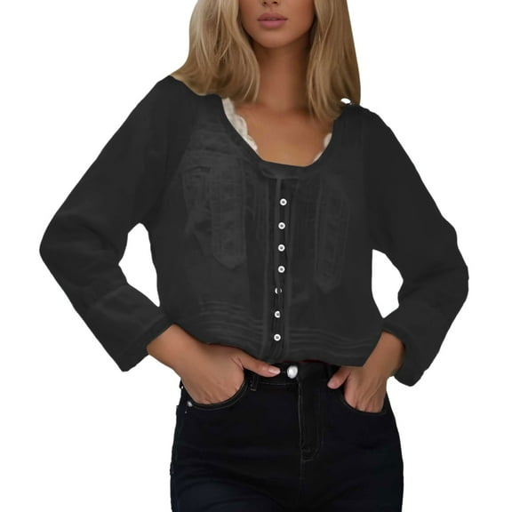 MIXUE Womens Summer Tops Summer Solid Color Lace Round Neck Button Up Long Sleeve Cardigan Pullover T Shirts Holiday Wear,Black,M