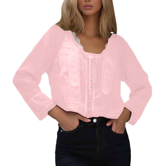 MIXUE Womens Summer Tops Summer Solid Color Lace Tie Front Long Sleeve Button Up Chiffon Cardigan Flowy Boho Pullover T-shirts Holiday Wear,Pink,S