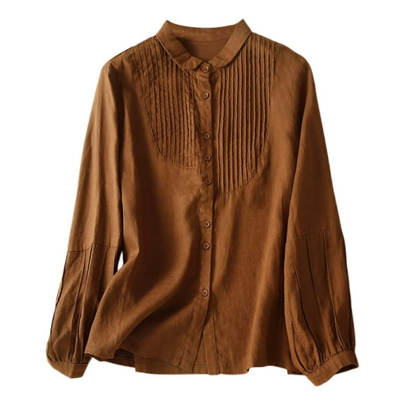 MIXUE Womens Summer Tops Summer Solid Color Lapel Button Down Long Sleeve Casual Tee Shirts Activewear,Brown,XL