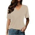 thumbnail image 1 of MIXUE Womens Summer Tops Summer Solid Color Letter Loose Short Sleeve V Neck Pullover Tshirts Streetwear,Beige,XL, 1 of 5