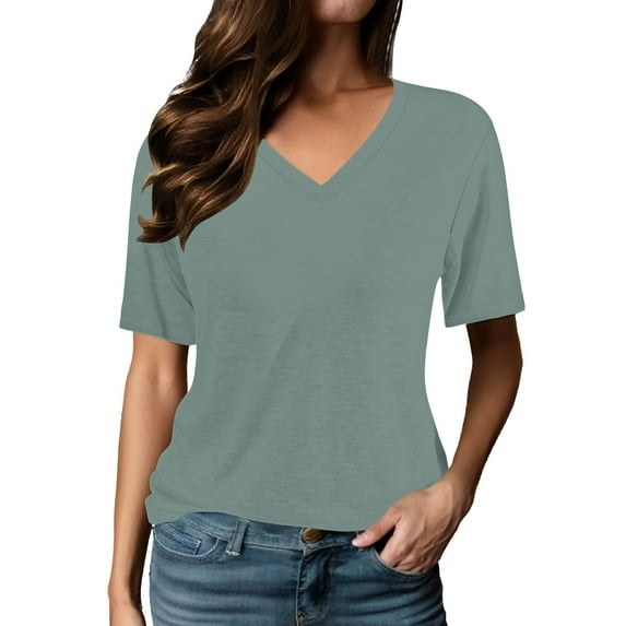 MIXUE Womens Summer Tops Summer Solid Color Letter Loose Short Sleeve V Neck Pullover Tshirts Streetwear,Green,XXL