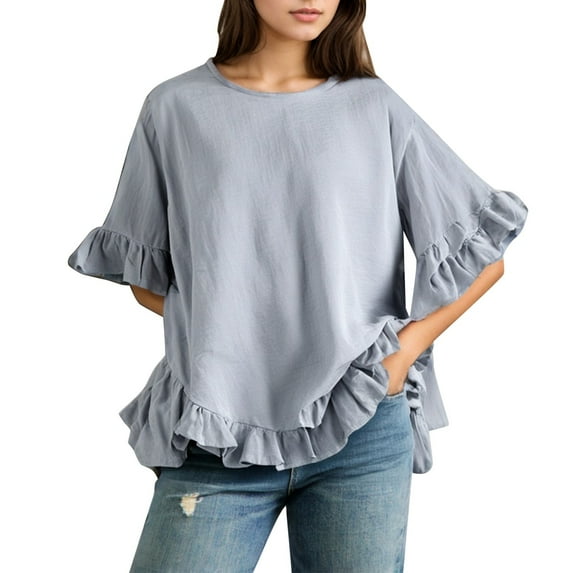 MIXUE Womens Summer Tops Summer Solid Color Linen Loose Fit Ruffled Round Neck Short Sleeve Button Up Pullover T Shirts Daily-Wear,Silver,M