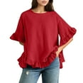 thumbnail image 1 of MIXUE Womens Summer Tops Summer Solid Color Linen Loose Fit Ruffled Round Neck Short Sleeve Button Up Pullover Tee Shirts Activewear,Red,XL, 1 of 9