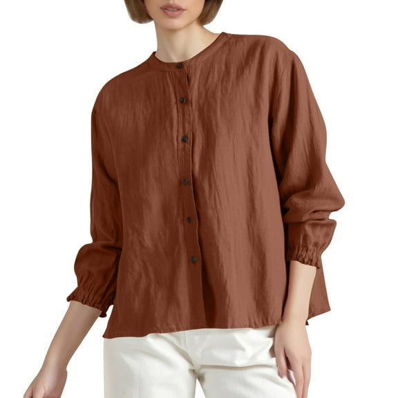 MIXUE Womens Summer Tops Summer Solid Color Retro Bohemian Linen Loose Fit Round Neck Long Sleeve Casual Autumn Fashion Pullover T-shirts Holiday Wear,Brown,XL