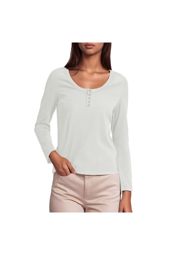 Womens Summer Tops Summer Solid Color Round Neck Button Down Long Sleeve Slim Tunic Tshirts Activewear,White,XXL